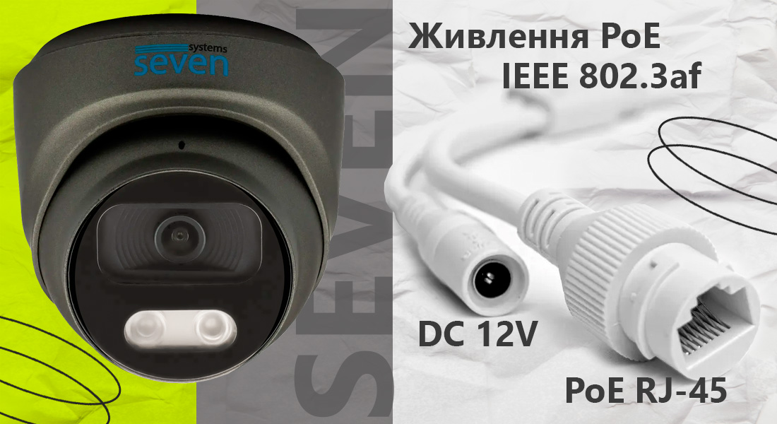 IP-відеокамера 5 Мп SEVEN IP-7215PA-DL black 2,8 мм з розумним подвійним підсвічуванням IP-камера SEVEN IP-7215PA-DL white підтримує живлення PoE за стандартом IEEE 802.3af через Ethernet-кабель. PoE кабель із роз’ємом RJ-45, забезпечує одночасну передачу живлення та даних по одному мережевому кабелю, що значно знижує витрати на проводку та спрощує монтаж системи.